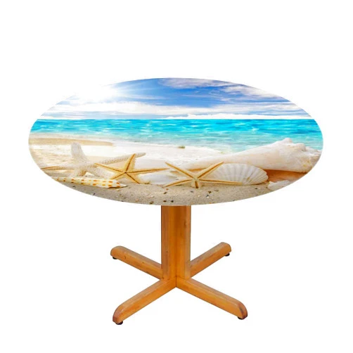 YINRON Beach Round Tablecloth Tropical Starfish Sea Shells Sunny Sky Waterproof Oil-Proof Table Cover Table Cloth for Indoor Dining, Outdoor Picnic Parties, Camping,Fits for Table 40-44