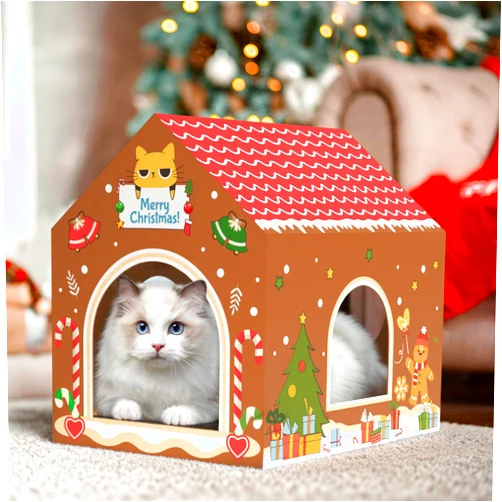 WESTERN HOME Cardboard Cat House, Christmas Birthday Holiday Cardboard Cats Scratcher House (16.5''x12.5''x15.5'') Xmas Decor Pet Gingerbread Playhouse, Kitten Small Animals Scratch Box Indoor Cat House