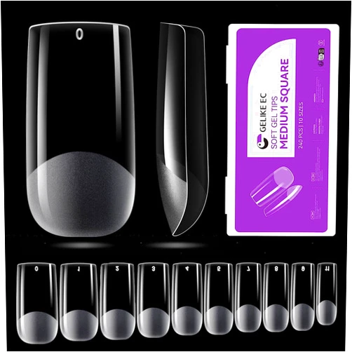 Gelike EC Soft Gel Nail Tips Kit for Soak Off Nail Extensions,Full Cover,Square Shaped,Pre-buff PMMA Resin,Clear Ultra-Thin Design,10 Sizes,240 Pieces,Medium Square
