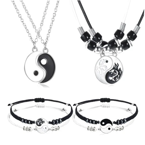 Hicarer 8 Pieces Matching Yin Yang Pendant Necklace Bracelet Set Couple Necklace Adjustable Cord Black White Bracelet Accessories for BFF Friendship(Chic Style)