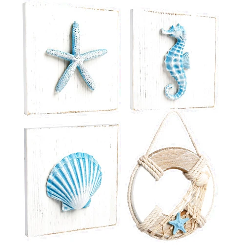 LotFancy Beach Wall Décor, 4 Pack, 3D Seashell, Starfish, Seahorse and Lifesaver Buoy Decorations on Wood Board, Rustic Ocean Coastal Themed Wall Art for Bathroom, Living Room, Bedroom (6“ x 6“)