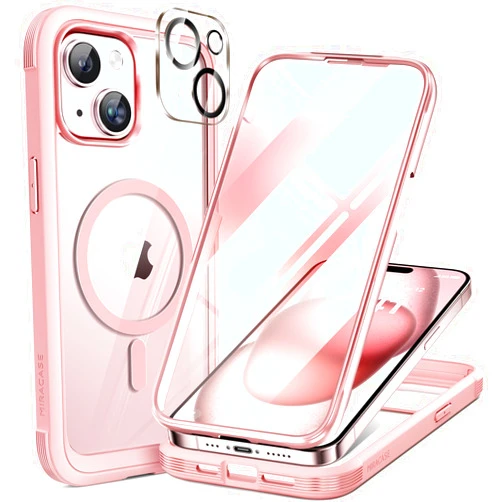 Miracase Glass Series for iPhone 15 Case [Compatible with MagSafe] Full-Body Magnetic Case with Built-in 9H Tempered Glass Anti-Fingerprint Screen Protector + Camera Lens Protector, Pink and Clear