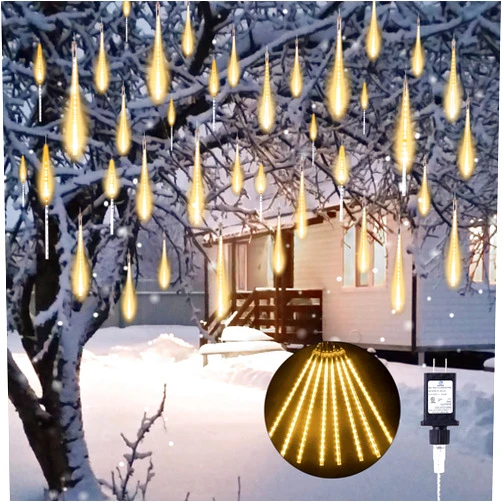 Minetom Meteor Shower Lights Outdoor, 16 Inch 16 Tubes 576 LED Icicle Lights, Waterproof Meteor Christmas Lights Outdoor, Falling Rain Lights for Tree Bushes Holiday Christmas Decoration, Warm White