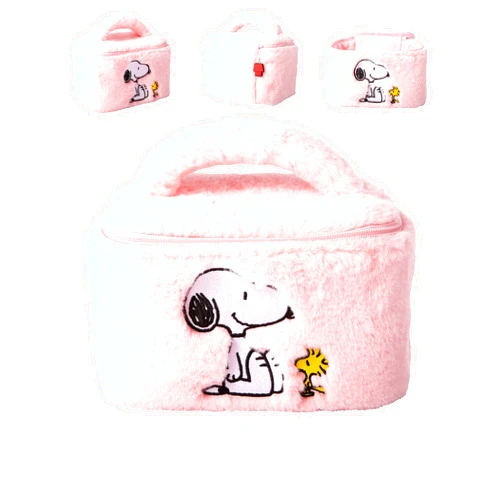SALLY ROSE Peanuts Snoopy Pink Make Up Bag Official License, Plush Woodstock and Snoopy Cosmetic Bag with Zip Closure, Cute Makeup Bag
