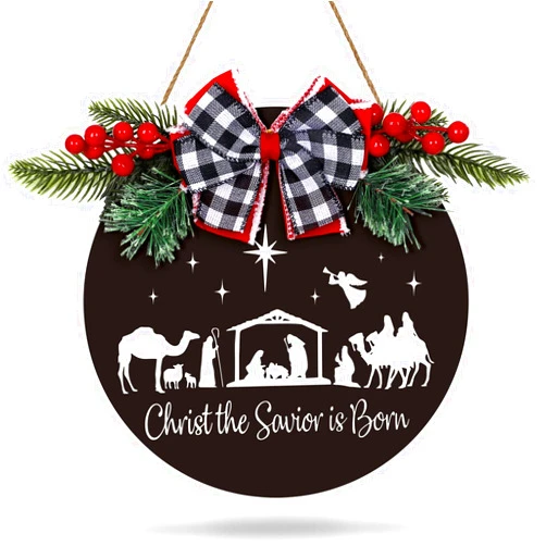 Whaline Christmas Wooden Hanging Sign Holy Night Front Door Sign Nativity Christ the Savior is Born Door Hanger with Bow for Home Indoor Outdoor Farmhouse Wall Window, 12 Inch