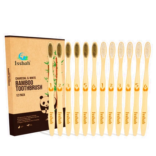 Isshah Biodegradable Eco-Friendly Natural Bamboo Charcoal Toothbrushes, FSC Certified and PETA Approved - 12 Count