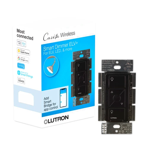 Lutron Caseta Original Smart Dimmer Switch ELV+ (Lutron Hub Required), 250W LED, Single-Pole/3-Way, Neutral Required, PD-5NE-BL, Black