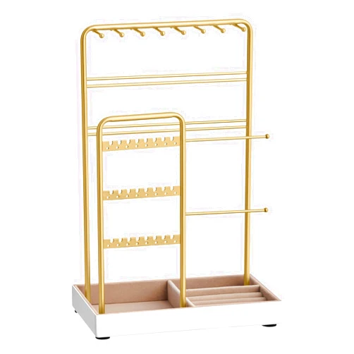 SONGMICS Jewelry Holder, Jewelry Organizer, Jewelry Display Stand with Metal Frame and Velvet Tray, Necklace Earring Bracelet Holder, for Studs, Rings, Gift Idea, Gold Color UJJS021A01