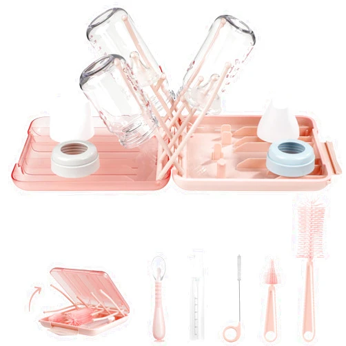 Hineriaeo Bottle Brush Set, 7 in 1 Cleaner Set with Baby Bottle Drying Rack,Silicone Bottle Brush,Straw Brush,Nipple Brush,Soap Dispenser,Spoon,Storage Box, Portable Baby Essentials for Home & Travel