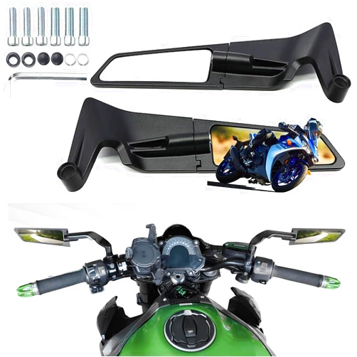 Caboriallan Motorcycle Rear View Mirrors, Adjustable 360° Rotating Stealth Wind Wing Side Mirrors Compatible with Kawasaki Z400 Z650 Z1000 Duke 125 200 250 390 690 790 1290 etc (8mm, 10mm)