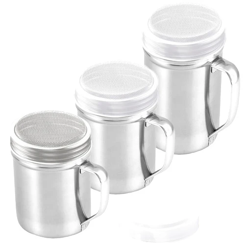 CUSINIUM [10oz, 10oz, 14oz] Cinnamon Sugar Shakers - With Lid - With Handle - Fine Mesh Dredge Bundle - For Vanilla, Flour, Sugar Powder