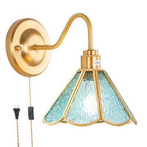 Shenmoyl Vintage Wall Sconce, Wall Mounted Lamps with Blue Morning Glory Sconce, Stained Glass Shade Brass Wall Lights Fixture with Plug in Cord and Switch for Bedroom Bathroom Living Room Hallway