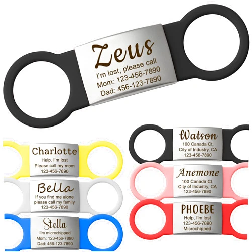 Anavia Slide On Silent Pet ID Tags, S/M/L/XL Personalized Multi-Color Silicone Band Cat Dog Name Tags, Customized Engraved Stainless Steel, Chew-Proof Quiet Dog Collar Tags (Small, Black)