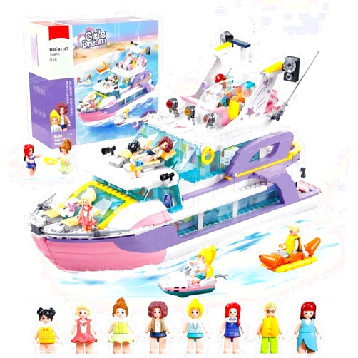Mavo brix Pink Yacht Building Set for Girls 8-12, Cruise Ship Building Toys with 8 Minifigures & 2 Boats, Gifts for Kids Ages 8+, 1108 PCS