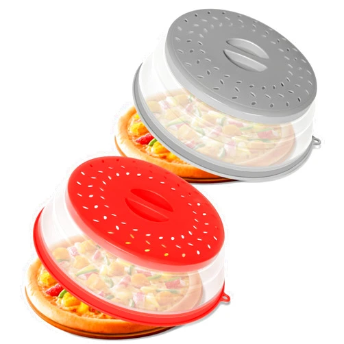 CasaCulina 2 Pack Collapsible Microwave Splatter Cover, Vented Microwave Lid with Hook Hole, Splatter Guard for Plate Dish Bowl, Vegetable Fruit Colander Multi-function Kitchen Gadget(Grey & Red)