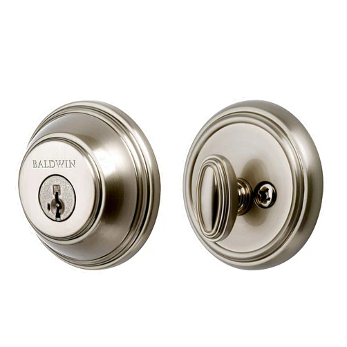 Baldwin Round, Single Cylinder Front Door Deadbolt Featuring SmartKey Re-key Technology and Microban Protection, in Satin Nickel