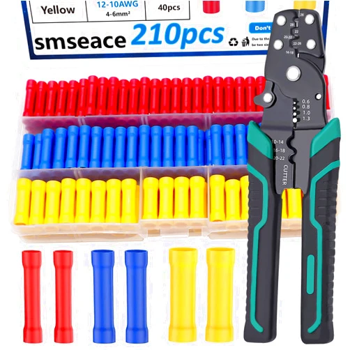 smseace 210PCS Wire Butt connectors with Crimping Tool 22-10AWG Butt Splice Connectors Insulated Electrical Straight Wire Terminal