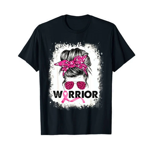 Support Awareness Messy Bun Apparel Warrior Breast Cancer Awareness Pink Ribbon Messy Bun T-Shirt