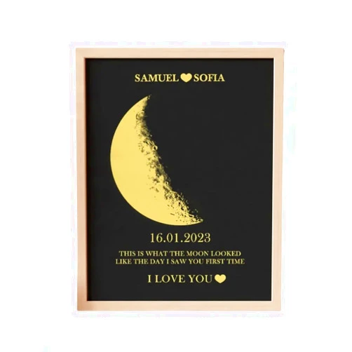 Glorine Custom Moon Phase Frame Wood Moon Print Art Frame Personalized Birthday Moon Phases Photo Frame Night We Met Anniversary Valentines Day Gift for Couples (Color : Natural Wood Frame, Size : 12''*16)
