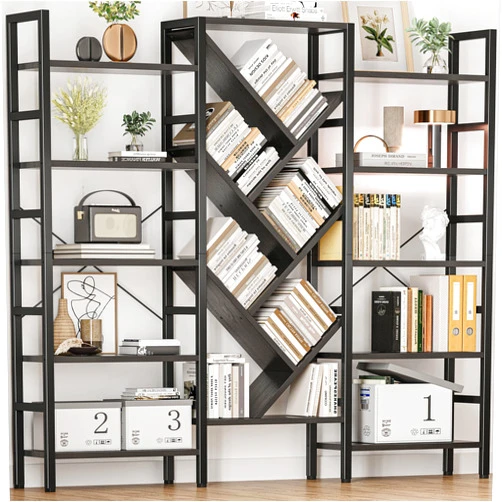 INNOD Triple 5 Tier Book Shelf, Large Wooden Bookcase with 17 Open Display Shelf, Modern Tree Bookshelf Metal Frame Tall Black Bookshelf Furniture for Living Room Bedroom Home Office