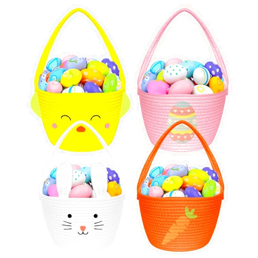 Yuminefeety 4 Pcs Easter Woven Basket Empty for Gifts Small Bunny Woven Cotton Rope Baskets with Handle Easter Egg Hunt Buckets Bags for Girls Baby Shower Candy Egg Storage Easter Party Decoration Basket Gifts