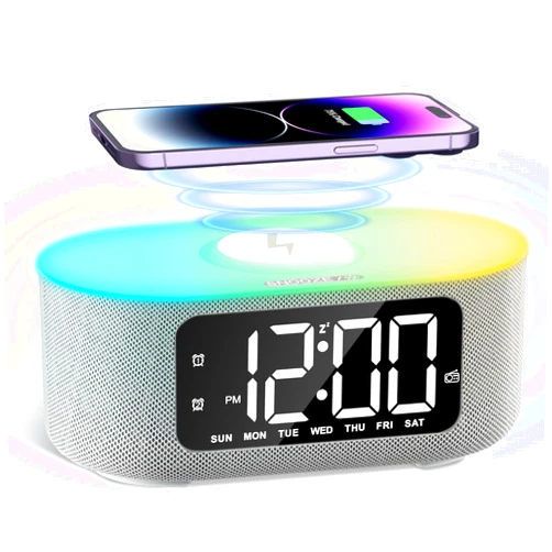 JALL Fabric Alarm Clock for Bedroom, with Big Led Screen Display, Bluetooth Stereo Sound Speaker, FM Radio, Fast Wireless Charging, USB Charging Port, Nightlight, White Noise, Ideal for Gift, Gray