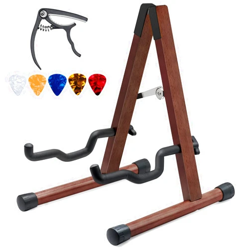 STNFAREBI Acoustic Guitar Stand,Wooden Guitar Stand,5 Free Guitar Picks and 1 Free Guitar Capo, A-Frame Folding Guitar Stand for Bass, Cello, Mandolin, Banjo, Gifts for Guitar Players