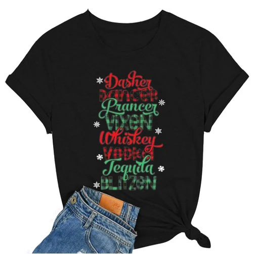 Weokwock Women Christmas Reindeer Shirt Dasher Dancer Prancer Vixen Graphic Holiday T Shirts Santa Tops Tee Gifts