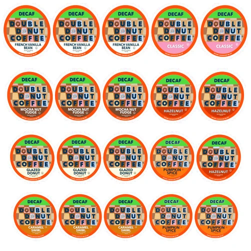 Double Donut Coffee Decaf Flavored Coffee Single Serve Cups For Keurig K Cup Brewer Variety Pack Sampler, 20Count