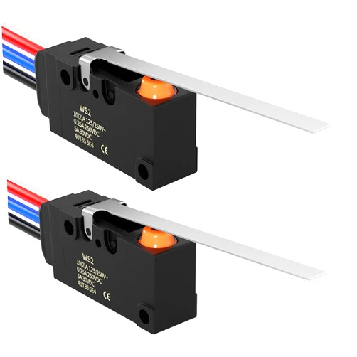 Joinfworld Waterproof Micro Limit Switch with Long Straight Hinge Lever SPDT 3 PIN 10A 125 250V Micorswitch with Pre-Wired for Arduino, Appliance and Electronic - 2Pack