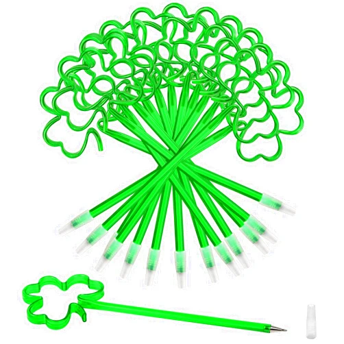 KINGRUNNING 24 Pieces St. Patrick's Day Pens Shamrock Ballpoint Decorations Green Three Leaf Clover 0.5 mm Black Gel Ink St Patrick's Day Party for School Kids Office Supplies Birthday Graduation Presents