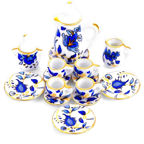Sumind 15 Pieces Miniature Porcelain Tea Cup Set Kitchen Miniature Porcelain Set Mini Flower Pattern Teapot Cup Plates Dollhouse Kitchen Accessories(Retro Flower Style)