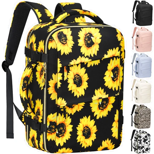 Tenot Carry on Backpack for Women TSA Approved 15.6 Inch Travel Laptop Backpack for Women Travel Essentials Womens Travel Backpack Foldable Suitcase Backpack for Travel Sunflower Floral