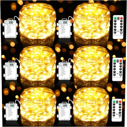 Lakumu 6-Pack 33FT 100 LED Fairy Lights Battery Operated, Remote Control String Lights with Timer, 8 Modes Waterproof Outdoor Twinkle Lights for Bedroom Classroom Dorm DIY Christmas Party, Warm White