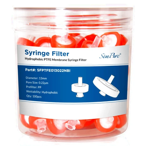 SimPure Syringe Filter PTFE Hydrophobic Membrane 100 PCS, 0.22um Pore Size, 13mm Disc Diameter, HPLC and GC Needle Filter, Non-Sterile, High Throughput Lab Filtration, Barreled Packed