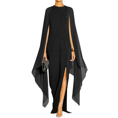 MAYFASEY Women's Elegant High Split Flare Sleeve Formal Evening Gowns Maxi Dress with Cape
