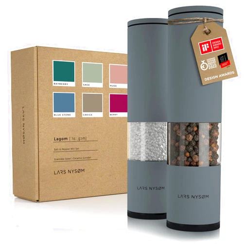 LARS NYSØM Salt and Pepper Grinder Set 2 pieces I Salt Pepper Mill with Adjustable Ceramic Grinder I Design Spice Grinder Set Manual(Ash Gray)