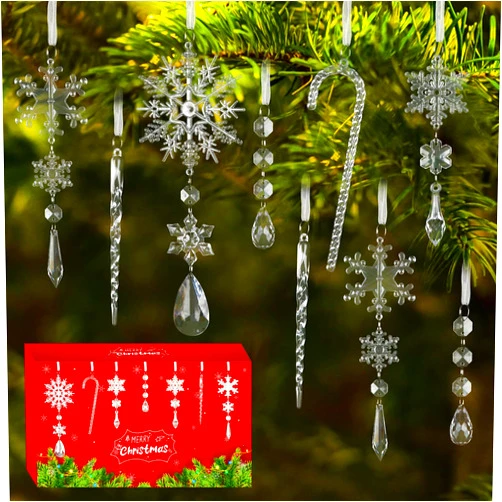 BSTDECOR 24 pcs Crystal Christmas Ornaments, Hanging Acrylic Snowflake for Christmas Tree Decorations Clear Crystal Ornaments with Icicle Drop for Xmas Decor New Year Party Wedding Home Decor Indoor Outdoor