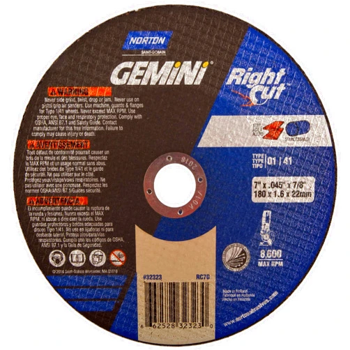 Norton Gemini Right Cut Right Angle Grinder Reinforced Abrasive Flat Cut-off Wheel, Type 01, Aluminum Oxide, 7/8