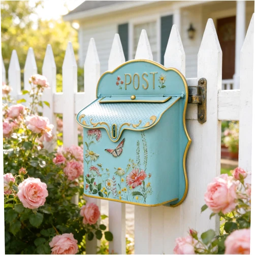 Zorvynelle Vintage Wall Mount Mailbox for Outdoor Metal Wall Hanging Letter Box Decor Rustic Flower Pattern Mail Box for Garden Front Door Mantel Display (Green)