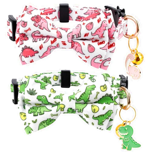 Gelwoo 2 Pack Cotton Cat Collar with Bow Tie and Bell for Male Female Cats,Soft Fancy Breakaway Kitty Kitten Collar with Green and Pink Dinosaur Patterned Design for Boy Girl Cats (Dinosaur)