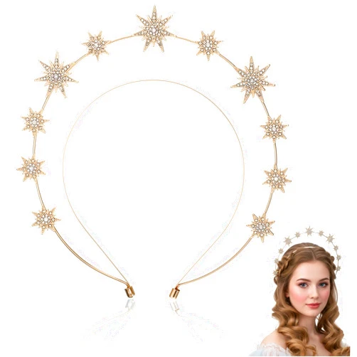 cobee Gold Halo Headband, Star Halo Crown Gold Rhinestone Goddess Headpiece Giltter Star Goddess Crown Headband Hair Accessories for Women Bridal Wedding Cosplay Partycobee