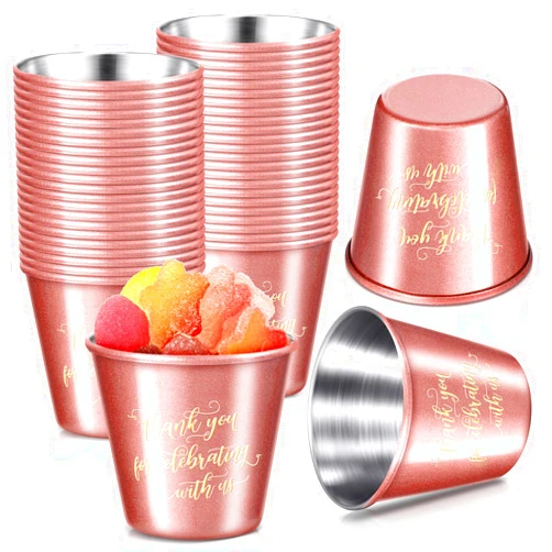 Pinkunn 48 Pcs Wedding Stainless Steel Shot Glasses Bulk Wedding Favors Set Funny Shot Glasses Metal Shot Glasses Steel Drinking Cups for Bachelor Bachelorette Birthday Engagement Parties (Rose Red,Gold)