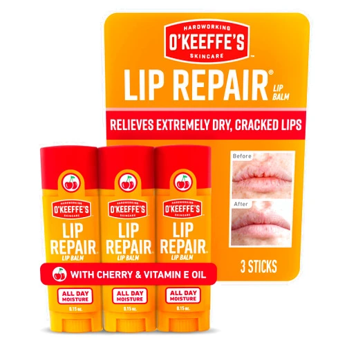 O'Keeffe's Lip Repair Lip Balm with Cherry & Vitamin E Oil - Stick (3 Pack) - Moisturizer for Extremely Cracked, Dry Lips