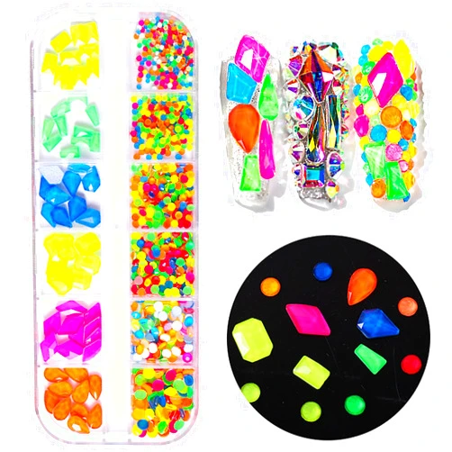 FULZTEY 810Pcs Fluorescence Crystal Rhinestones for Nail Crystal Gems Stones Diamond for Crafts Multi Shape Size Bling Aurora Flatback Nail Art Rhinestones Nail Jewels Decoration DIY Crafts Clothes