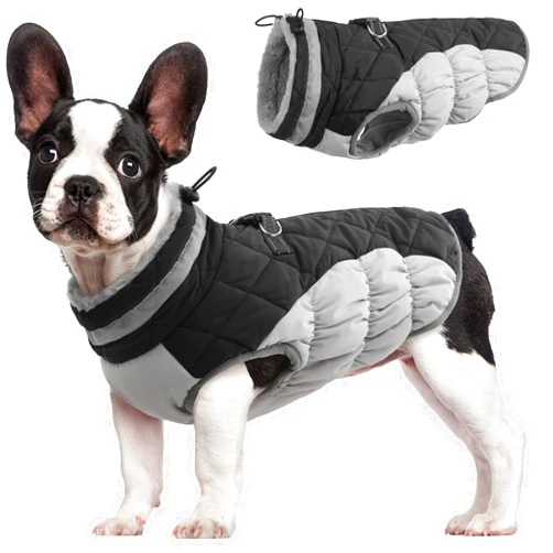 FUAMEY Warm Winter Dog Jacket with Built-in Harness, Waterproof Windproof Reflective Fleece Vest with Zipper for Medium Dogs - Black