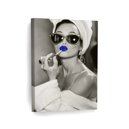 SmileArtDesign Audrey Hepburn Style Wall Art Blue Lips Canvas Print Lipstick Makeup Iconic Pop Art Beauty Black and White Wall Art Living Room Bedroom Wall Decor Ready to Hang Made in USA - 12x8