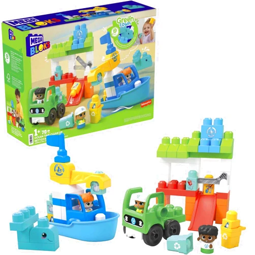 MEGA BLOKS Fisher-Price Toddler Building Blocks Toy Set, Green Town Ocean Time Clean Up with 70 Pieces, 3 Figures, Ages 1+ Years