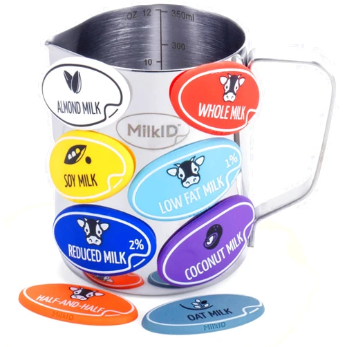 MilkID Milk Frothing Pitcher with 8 Allergen Silicone Snap-On Labels | Must-Have Barista Tool | Coffee Bar Accessories & Espresso Accessories Kit | (12oz / Pitcher + Labels)