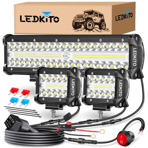 LEDKITO 12 Inch LED Light Bar and 2PCS 4 Inch LED Pod Lights LED Off Road Lights with Switch 16AWG 3 Lead Wiring Harness Triple Row Spot Flood Combo LED Light Bar for Je-ep Truck Car UTV Boat